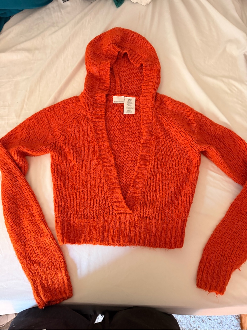 No Boundaries Bright Orange V-Neck Hooded Women's Sweater